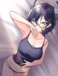  1girl blue_archive blush breasts bunny_hair_ornament chihiro_(blue_archive) collarbone glasses green_eyes hair_ornament hairclip halo hand_on_own_stomach highres looking_at_viewer midorino_eni short_hair 