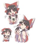  1girl black_hair bow detached_sleeves eating food frilled_bow frilled_hair_tubes frills hair_bow hair_tubes hakurei_reimu japanese_clothes matsukuzu miko multiple_girls multiple_views nontraditional_miko open_mouth red_bow ribbon-trimmed_sleeves ribbon_trim touhou 