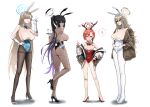  4girls ahoge akane_(blue_archive) akane_(bunny)_(blue_archive) anger_vein animal_ears asuna_(blue_archive) asuna_(bunny)_(blue_archive) bangs bare_legs bare_shoulders black_bow black_hair black_leotard blue_archive blue_bow blue_eyes blue_hairband blue_leotard blunt_bangs blush bow bowtie breasts brown_eyes brown_hair bunny_hair_ornament card cleavage clothing_cutout covered_navel cup dark-skinned_female dark_skin detached_collar fake_animal_ears fake_tail fishnets glasses gloves hair_between_eyes hair_ornament hair_over_one_eye hairband halo high_heels highleg highleg_leotard highres jacket karin_(blue_archive) karin_(bunny)_(blue_archive) large_breasts leotard long_hair looking_at_viewer mole mole_on_breast mole_under_eye multiple_girls neru_(blue_archive) neru_(bunny)_(blue_archive) open_mouth pantyhose pink_leotard playboy_bunny ponytail purple_leotard rabbit_ears rabbit_tail red_bow red_bowtie red_eyes red_hair red_leotard simple_background smile standing standing_on_one_leg strapless strapless_leotard tail tattoo traditional_bowtie tray tsuneta328 white_background white_gloves white_leotard wrist_cuffs yellow_eyes 