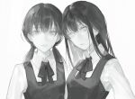  2girls bangs black_hair black_vest chainsaw_man collared_shirt dual_persona expressionless grey_background greyscale head_tilt highres looking_at_viewer low_twintails medium_hair mirandarin mitaka_asa monochrome multiple_girls neck_ribbon portrait ribbon ringed_eyes scar scar_on_cheek scar_on_face school_uniform shirt sideways_glance simple_background straight_hair twintails vest war_devil_(chainsaw_man) 