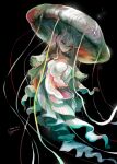  1girl artist_name black_background blue_skin closed_mouth colored_skin dated full_body grey_hair hair_between_eyes highres hogara jellyfish_girl looking_at_viewer monster_girl no_arms no_legs orange_skin original red_eyes red_skin single_sidelock solo tentacles white_skin 