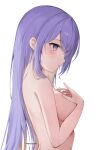  1girl absurdres aezella_(rui_ka) artist_name bangs bare_back bare_shoulders blonde_hair blush breasts gradient_hair hair_between_eyes highres hololive hololive_indonesia large_breasts long_hair moona_hoshinova multicolored_hair parted_lips purple_eyes purple_hair sideboob solo two-tone_hair virtual_youtuber white_background 