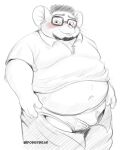  2022 anthro beard belly big_belly blush bulge clothing dober eyewear facial_hair glasses humanoid_hands male mammal mouse murid murine navel overweight overweight_male rodent shirt simple_background solo topwear underwear 