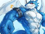  abs anthro bandai_namco belt biceps blue_body digimon digimon_(species) exveemon flexing hi_res horn male muscular muscular_anthro muscular_male pecs red_eyes solo veiny_muscles waddledurrr wings 
