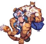  4_toes 5_fingers abs absurd_res anthro balls biceps big_dom_small_sub big_muscles big_penis blue_body blue_fur blush bodily_fluids canid canine canis chain chain_leash countershade_torso countershading dominant duo feet felid fingers fluffy fluffy_tail fur genital_fluids genitals green_eyes grey_body grey_fur head_grab hi_res huge_muscles huge_penis leaking_precum leash licking male male/male mammal muscular muscular_anthro muscular_male muscular_thighs nipple_fetish nipple_play oral orange_body orange_fur pantherine pecs penile penis penis_lick pillow precum precum_on_face precum_string rosutoriano sex simple_background size_difference smug_face striped_body stripes tiger toes tongue tongue_out vein veiny_penis white_background wolf 