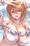  1girl :d aged_up arm_up armpits bangs bare_shoulders bikini blush breasts cleavage collarbone commentary_request gochuumon_wa_usagi_desu_ka? hair_between_eyes hair_ornament hairclip highres hoto_cocoa large_breasts looking_at_viewer medium_hair open_mouth orange_hair purple_eyes smile solo swimsuit upper_body water water_drop wet white_bikini xephyrks 