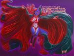  2022 5_fingers anthro aura big_breasts bikini billowing_cape black_cape blowing blue_body blue_fur blue_tail breasts canid canine canis cape chazzychanz claws clothed clothing diandra digital_drawing_(artwork) digital_media_(artwork) english_text feet female fingers flying fox fur glistening hair hi_res looking_at_viewer mammal mature_female outside red_cape red_claws red_eyes satin silk simple_background smile solo swimwear text vampire white_body white_fur wind wolf 