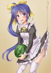  1girl alternate_costume anti_(untea9) apron blue_eyes blue_hair blush bow clothes_lift cowboy_shot dress dress_lift enmaided food fruit highres holding holding_food holding_fruit itou_noemi long_hair looking_at_viewer maid maid_apron maid_headdress puffy_sleeves side_ponytail solo thighhighs watermelon white_thighhighs with_you yellow_bow 