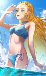  arm_up arms_behind_back beach bikini blonde_hair blue_bikini green_eyes happy highres jimaku_zel long_hair looking_at_viewer open_mouth pointy_ears princess_zelda sky solo summer swimsuit teeth the_legend_of_zelda the_legend_of_zelda:_breath_of_the_wild water 