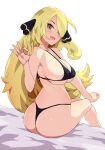  1girl ass bikini black_bikini blonde_hair blush breasts curvy cynthia_(pokemon) from_behind g-string hair_ornament hair_over_one_eye handjob_gesture large_breasts long_hair looking_at_viewer looking_back micro_bikini open_mouth pokemon pokemon_(game) pokemon_dppt revision simple_background sitting smile solo string_bikini swimsuit thong thong_bikini tottotonero white_background 