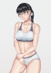  1girl absurdres bangs black_hair blunt_bangs blush cowboy_shot dawid33 embarrassed glasses grey_eyes hair_ribbon highres holding_own_wrist looking_to_the_side mole mole_on_shoulder mole_on_stomach mole_on_thigh mole_under_mouth original panties ponytail ribbon semi-rimless_eyewear skindentation sports_bra teardrop underwear 