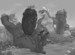  4_toes accipitrid accipitriform ahab_(ahugebird) anthro avian bald_eagle balls big_balls big_penis bird bird_feet bulge city city_destruction cock_vore dragon duo eagle eye_contact feet genitals hand_behind_head hand_on_leg hand_on_thigh harbor hi_res huge_balls huge_penis hyper hyper_balls hyper_genitalia hyper_penis looking_at_another macro male monochrome muscular muscular_anthro muscular_male object_vore penile penis sea_eagle sitting sitting_on_ground sixsydes smile spikes spikes_(anatomy) talons toes vamux vein vore 
