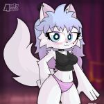  &lt;3 amey_arts anthro blue_hair blush britney_(chaclaveloz) clothed clothing collar domestic_cat ear_piercing ears_up eyeball felid feline felis female hair hi_res looking_at_viewer mammal multicolored_hair open_clothing open_shirt open_topwear panties piercing pupils purple_hair raised_tail shirt smile smiling_at_viewer solo topwear two_tone_hair underwear white_body 