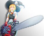  1girl apron bangs black_headwear black_skirt black_vest blonde_hair blush bow braid breasts chainsaw closed_eyes commentary_request cookie_(touhou) cowboy_shot gloves green_eyes hair_bow hat hat_bow highres holding holding_chainsaw kirisame_marisa labor living_clothes long_hair looking_at_viewer open_mouth puffy_short_sleeves puffy_sleeves red_bow red_gloves shirt short_sleeves single_braid skirt skirt_set small_breasts smile star_(symbol) suzu_(cookie) touhou turtleneck vest waist_apron white_apron white_bow white_shirt witch_hat 