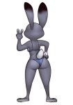  2022 anthro bikini bikini_bottom bikini_top blue_bikini_bottom blue_bikini_top butt clothing disney female fur gesture grey_body grey_fur hi_res judy_hopps lagomorph leporid mammal qupostuv35 rabbit rear_view simple_background solo standing swimwear v_sign zootopia 