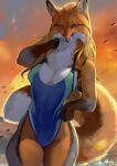  5_fingers anthro black_nose blue_clothing breasts brown_body brown_fur canid canine clothed clothing detailed_background eyebrows facial_tuft female fingers fox fur hair hi_res inner_ear_fluff juliathedragoncat long_hair mammal multicolored_body multicolored_clothing one-piece_swimsuit orange_body orange_eyes orange_fur orange_hair seaside smile solo swimwear tuft white_body white_fur 