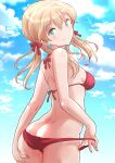  1girl ass bikini bikini_pull blonde_hair blue_sky breasts butt_crack clothes_pull cloud commentary_request cowboy_shot from_behind fuji_(pixiv24804665) green_eyes hair_ribbon highres kantai_collection long_hair looking_at_viewer low_twintails medium_breasts prinz_eugen_(kancolle) red_bikini ribbon sky smile solo swimsuit twintails 