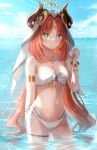  1girl bangs bare_shoulders bikini blue_eyes blush bracelet breasts forehead_jewel genshin_impact highres horns jewelry long_hair looking_at_viewer medium_breasts midriff nasii navel nilou_(genshin_impact) ocean parted_bangs parted_lips red_hair sky solo stomach swimsuit thigh_strap veil very_long_hair wading wet 