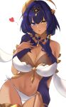  1girl absurdres bangs bare_shoulders bikini blue_eyes blue_hair breasts candace_(genshin_impact) cleavage dark-skinned_female dark_skin genshin_impact hair_ornament hairband heterochromia highres jewelry looking_at_viewer medium_breasts medium_hair musicatopos navel neck_ring sidelocks solo swimsuit thighlet thighs white_bikini yellow_eyes 