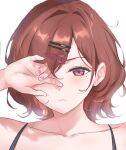  1girl absurdres blush brown_hair collarbone hair_ornament hairclip hairpin highres higuchi_madoka idolmaster idolmaster_shiny_colors looking_at_viewer mole mole_under_eye nail_polish one_eye_covered portrait red_eyes short_hair simple_background solo white_background yokunin_tgif 