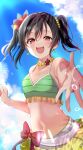  1girl absurdres bikini black_hair collarbone earrings flat_chest frilled_bikini frills green_bikini highres jewelry long_hair looking_at_viewer love_live! love_live!_school_idol_project natsuiro_egao_de_1_2_jump! navel necklace nyako_(utaneko31) open_mouth red_eyes smile solo star_(symbol) star_earrings stomach striped striped_bikini swimsuit twintails upper_body vertical-striped_bikini vertical_stripes yazawa_nico 