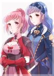  2girls aged_up blue_hair breasts cleavage commentary_request earrings fire_emblem fire_emblem:_three_houses fire_emblem_warriors:_three_hopes highres hilda_valentine_goneril jewelry long_hair marianne_von_edmund multiple_girls official_alternate_costume pink_hair short_hair twitter_username yutohiroya 
