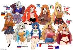  6+girls australian_flag austrian_flag beer_can bikini blonde_hair bra brown_hair can celtic_cross cross danish_flag french_flag german_flag glasses highres hot_dog icelandic_flag irish_flag kermit_the_frog lingerie multiple_girls murgoten norwegian_flag one-piece_swimsuit original panties red_bra red_hair red_panties russian_flag scottish_flag signature skirt swimsuit tan tanlines underwear white_hair 