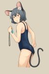  1girl adjusting_clothes adjusting_swimsuit alternate_costume animal_ears ass bangs blue_one-piece_swimsuit blush brown_background brown_eyes chagamaka commentary_request cowboy_shot cropped_legs crystal flat_chest grey_hair highres jewelry looking_at_viewer looking_to_the_side mouse_ears mouse_girl mouse_tail nazrin one-piece_swimsuit open_mouth pendant short_hair simple_background solo swimsuit tail touhou 