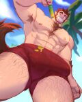  abs absurd_res animal_humanoid beach big_muscles boxers_(clothing) bread bulge canid canid_humanoid canine canine_humanoid chest_tuft clothing cloud dessert detailed_bulge eyebrows fangs fluffy fluffy_tail food hair hi_res holding_object huge_biceps huge_muscles huge_pecs humanoid humanoid_pointy_ears ice_cream ice_cream_on_bulge looking_at_object looming low-angle_view macro male mammal mammal_humanoid muscular muscular_humanoid muscular_male navel palm_tree plant red_boxers red_clothing red_hair red_underwear rosutoriano seaside sky smile solo thick_eyebrows tree tuft underwear wolf_humanoid 