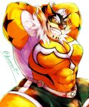  abs anthro bodysuit bulge clothing eyebrows felid grin hands_behind_head hunmut lifewonders live-a-hero looking_at_viewer male mammal mask muscular muscular_anthro muscular_male pantherine pecs ryekie_(live-a-hero) skinsuit smile solo superhero thick_eyebrows tiger tight_clothing video_games 