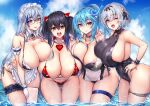  4girls :d absurdres alicia_renato_(yashiro_sousaku) apron arm_strap ass_visible_through_thighs bangs bare_shoulders bikini black_bikini black_hair black_one-piece_swimsuit blue_eyes blue_hair blush breasts choker cleavage closed_mouth collarbone commentary_request commission crossed_legs detached_collar flower frills gloves grey_hair hair_flower hair_ornament hand_on_hip highres huge_breasts jewelry long_hair looking_at_viewer maid_headdress multiple_girls necklace one-piece_swimsuit one_eye_closed open_mouth original outdoors partially_submerged ponytail purple_eyes short_hair side-tie_bikini_bottom sideboob smile swimsuit thigh_gap thigh_strap thighs toriatto_gununu water white_apron white_gloves yellow_eyes 