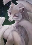  anthro arctic_fox black_nose breasts canid canine canis eyebrows eyelashes female fox fur hair half-closed_eyes hi_res inner_ear_fluff juliathedragoncat looking_at_viewer looking_back mammal multi_tail narrowed_eyes nude purple_eyes solo tuft white_body white_fur white_hair 