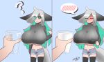  big_breasts blush bottomwear breasts clothing female grey_hair hair hair_over_eye hi_res huge_breasts humanoid lactating_in_cup one_eye_obstructed shorts translucent translucent_hair zedrin 