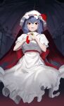  absurdres blue_hair dress goback hair_between_eyes highres holding holding_umbrella red_eyes remilia_scarlet short_hair touhou umbrella white_dress 