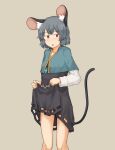  1girl animal_ears bangs blue_capelet blush breasts brown_background brown_eyes capelet chagamaka commentary_request crystal dress feet_out_of_frame grey_dress grey_hair jewelry long_sleeves looking_at_viewer mouse mouse_ears mouse_girl mouse_tail nazrin open_mouth pendant shirt short_hair simple_background skirt_basket small_breasts solo tail touhou white_shirt 