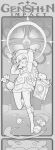  1girl absurdres ahoge arm_up backpack bag book bridge chack520 clover clover_print copyright_name dodoco_(genshin_impact) fire flame floating floating_book floating_object genshin_impact greyscale hair_between_eyes hat highres klee_(genshin_impact) leg_up medium_hair monochrome outdoors pointy_ears short_hair short_twintails solo sparkle teeth twintails upper_teeth 