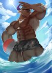  abs accessory anthro ball beach_ball biceps bottomwear bovid bovine brown_body brown_fur cattle clothing eggplant_nacl fur headband hi_res horn inflatable lifewonders male mammal muscular muscular_anthro muscular_legs muscular_male nipples partially_sumberged pecs shennong shorts solo tokyo_afterschool_summoners video_games 
