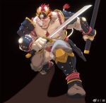  1boy armor bara bare_pectorals beard bulge chest_hair crotchless crotchless_pants facial_hair full_body fundoshi furry furry_male grey_pants hay holding holding_sword holding_weapon japanese_clothes large_pectorals looking_at_viewer male_focus mature_male medium_hair muscular muscular_male original pants pauldrons pectorals ponytail red_hair rhino_boy rhino_ears rhino_tail rollingstonex6 running samurai scar scar_on_chest scar_on_face scar_on_nose sheath shoulder_armor solo stubble sword tail_raised thick_eyebrows weapon 
