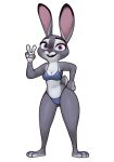  2022 bikini bikini_top blue_bikini blue_clothing blue_swimwear breasts camel_toe cleavage clothed clothing disney female fur gesture grey_body grey_fur hi_res judy_hopps lagomorph leporid looking_at_viewer mammal open_mouth open_smile purple_eyes qupostuv35 rabbit simple_background smile standing swimwear v_sign zootopia 