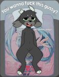  absurd_res anthro bed bedding blanket bovid caprine dialogue digital_drawing_(artwork) digital_media_(artwork) english_text female flat_chested flat_colors fur furniture genitals goat green_eyes grey_body grey_fur hatsune_miku hi_res hooves horizontal_pupils horn lying lying_on_bed macco_(sleepysheepy17) mammal notched_ear nude on_back on_bed open_mouth pillow pink_tongue pupils pussy scut_tail short_tail sleepysheepy17 solo teeth text tongue vocaloid 