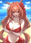  1girl animal_ears beach bikini blue_sky blush breasts brown_hair cleavage cloud collarbone commentary_request crossed_arms daiwa_scarlet_(trifle_vacation)_(umamusume) daiwa_scarlet_(umamusume) day dot_nose fang frilled_bikini frills frown hair_intakes hair_ribbon highres horse_ears horse_girl iwashi_111 large_breasts long_hair navel ocean open_mouth outdoors red_bikini red_eyes revision ribbon sky solo swimsuit twintails umamusume umamusume_summer_story_(umamusume) very_long_hair 