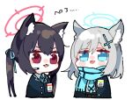  2girls animal_ear_fluff animal_ears black_hair black_jacket blue_archive blue_eyes blue_scarf cat_ears chibi cross_hair_ornament hair_ornament hairclip halo jacket long_hair mismatched_pupils multiple_girls open_mouth red_eyes scarf sena_yuuta serika_(blue_archive) shiroko_(blue_archive) simple_background tongue tongue_out upper_body white_background 
