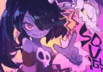  1girl absurdres black_hair character_name closed_mouth hair_over_one_eye highres kaamin_(mariarose753) long_hair looking_at_viewer off-shoulder_shirt off_shoulder ponytail red_hair red_shirt shirt skull skullgirls squigly_(skullgirls) stitched_mouth stitches 