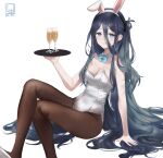  1girl absurdly_long_hair absurdres animal_ears aqua_bow aqua_bowtie arisu_(blue_archive) artist_logo black_hair blue_archive blue_eyes bow bowtie breasts brown_pantyhose detached_collar fishnet_pantyhose fishnets hair_between_eyes highres leotard long_hair looking_at_viewer medium_breasts one_side_up pantyhose playboy_bunny rabbit_ears ringed_eyes sitting solo strapless strapless_leotard user_mmfx5444 very_long_hair white_background white_leotard wrist_cuffs 