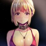  1girl bangs bare_shoulders black_collar blonde_hair blush breasts cleavage closed_mouth collar collarbone commentary_request highres looking_at_viewer lycoris_recoil medium_breasts nishikigi_chisato red_eyes short_hair smile solo suzuta_yume 