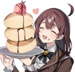  1girl :d ^_^ ahoge bangs black_bow black_bowtie bow bowtie brown_hair brown_jacket chocolate_syrup closed_eyes collared_shirt food food_on_face hair_ornament hairclip happy heart highres hod_(project_moon) holding holding_plate ice_cream jacket library_of_ruina medium_hair mu46016419 pancake pancake_stack plate project_moon shirt simple_background smile solo souffle_pancake upper_body white_background white_shirt 