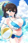  1girl arm_strap ball bare_shoulders beachball bikini blue_bikini blue_eyes blue_scrunchie blue_sky breasts cleavage cloud collarbone cowboy_shot day frilled_bikini frills hair_ornament hair_scrunchie highres holding large_breasts long_hair looking_at_viewer nail_polish navel ocean omizu_(h2o) original outdoors scrunchie skindentation sky solo stomach summer swimsuit twintails wet 
