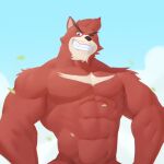  2022 abs anthro biceps big_muscles blue_background cloud eyebrows facial_hair fur hi_res jrjresq kumatetsu leaf looking_at_viewer male mammal muscular muscular_anthro muscular_male mustache nude obliques one_eye_closed outside pecs simple_background sky smile solo standing teeth the_boy_and_the_beast tuft ursid wink 
