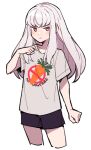  1girl arm_at_side bangs blush carrot carrot_print casual clenched_hand closed_mouth clothes_writing cowboy_shot cropped_legs do_m_kaeru fire_emblem fire_emblem:_three_houses food_print frown jitome long_hair looking_at_viewer lysithea_von_ordelia pink_eyes pointing pointing_down shirt short_sleeves shorts sidelocks simple_background solo t-shirt white_background white_hair white_shirt 