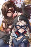  2girls bare_shoulders black_cape black_gloves blue_eyes braid breasts brown_hair cape capelet cleavage detached_sleeves domino_mask earrings elbow_gloves envelope feathers fire_emblem fire_emblem_fates fire_emblem_heroes gloves grey_hair hair_over_one_eye half_mask hood hooded_capelet jewelry kagero_(fire_emblem) keyring large_breasts leather mask multiple_girls nina_(fire_emblem) one_eye_closed phantom_thief pink_eyes sleeveless small_breasts ten_(tenchan_man) tongue tongue_out twin_braids twintails 
